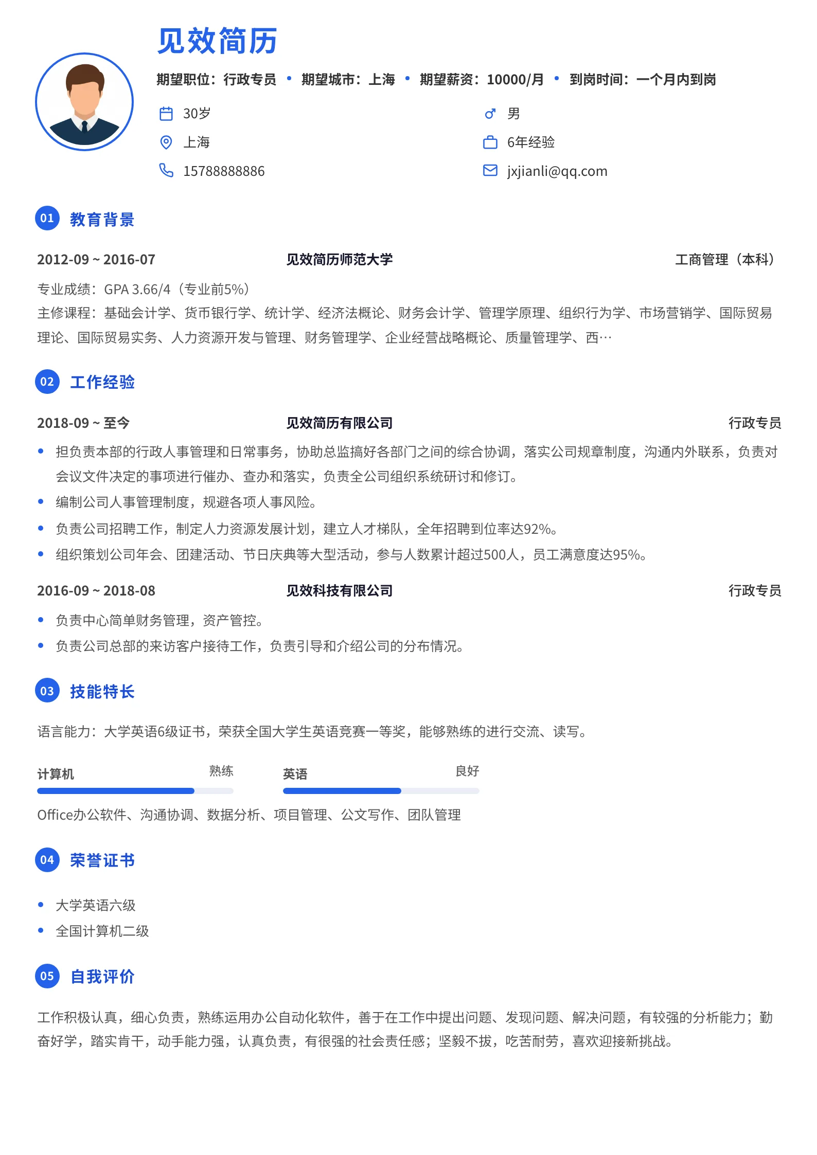 商务蓝光环徽章简历模板